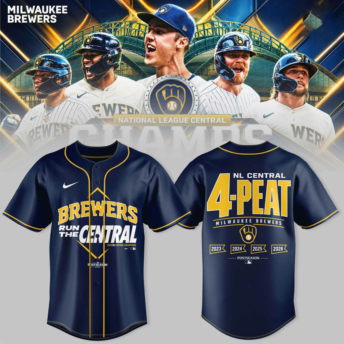 .Milwaukee Brewers 2026 NL Central Champions 4-Peat Jersey
