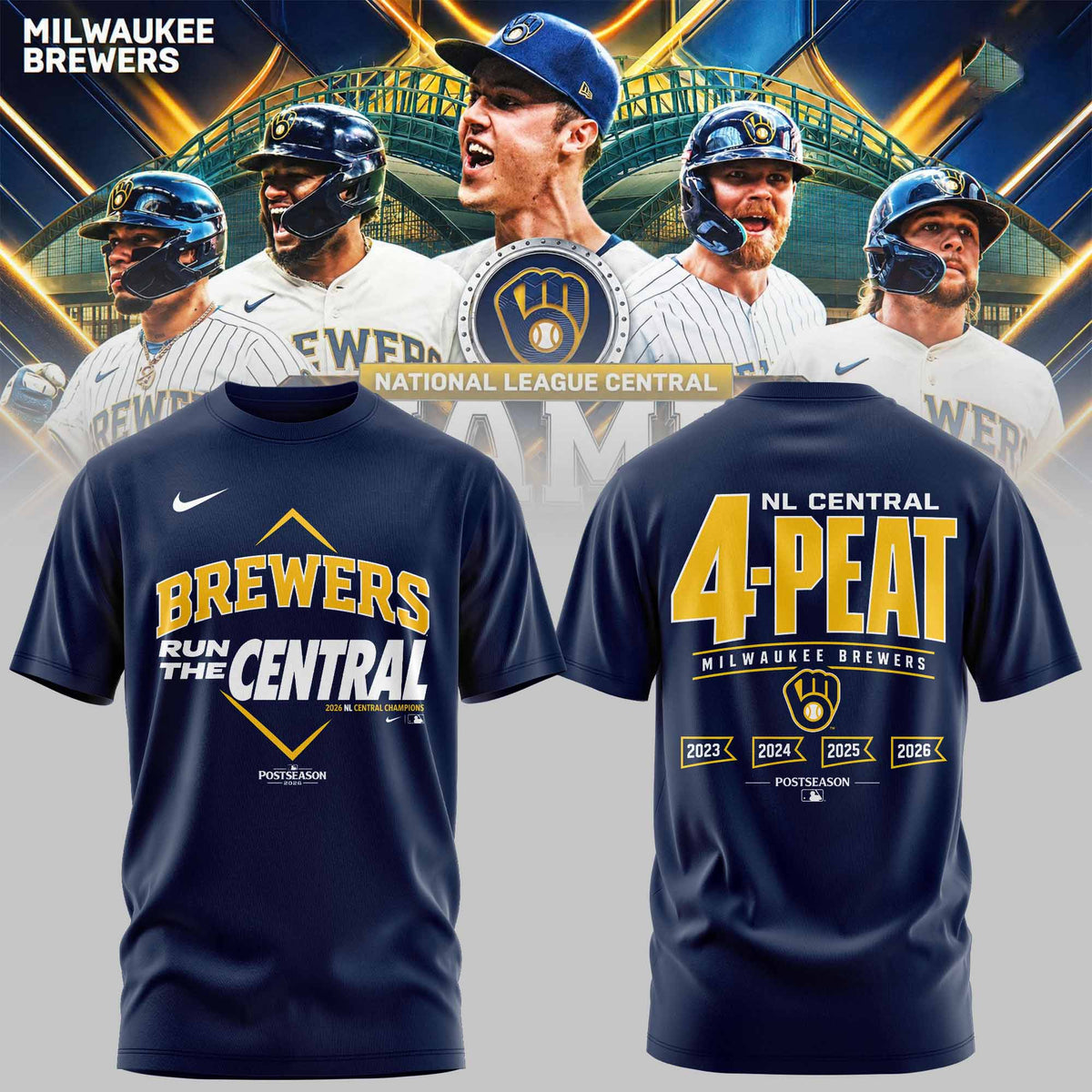 .Milwaukee Brewers 2026 NL Central Champions 4-Peat T-Shirt