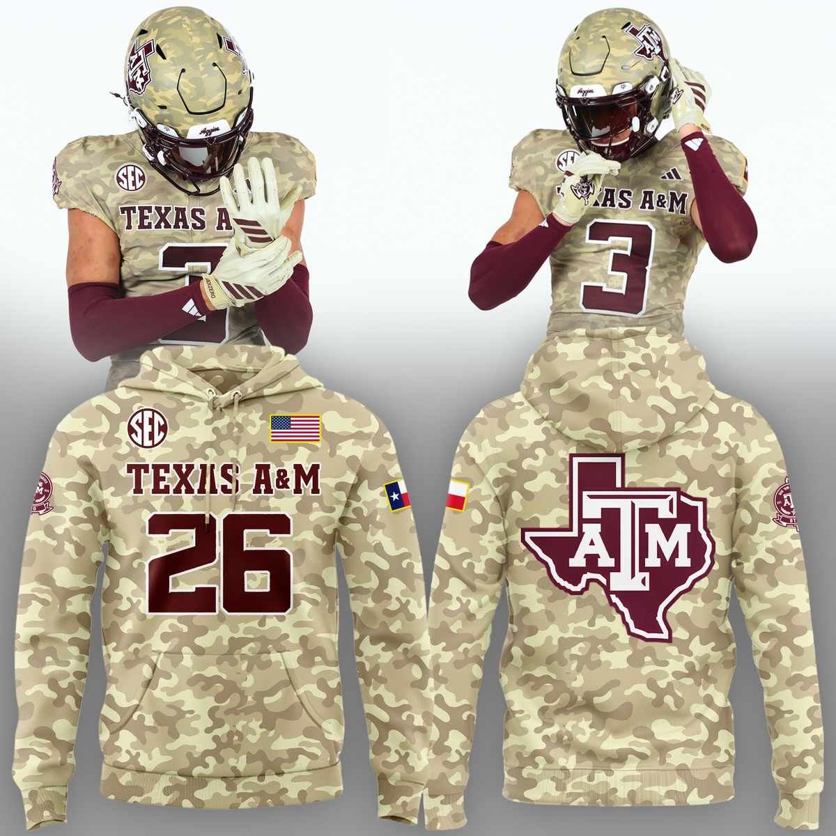 Limited Edition Hoodie Camo Texas A&M Football 2026.