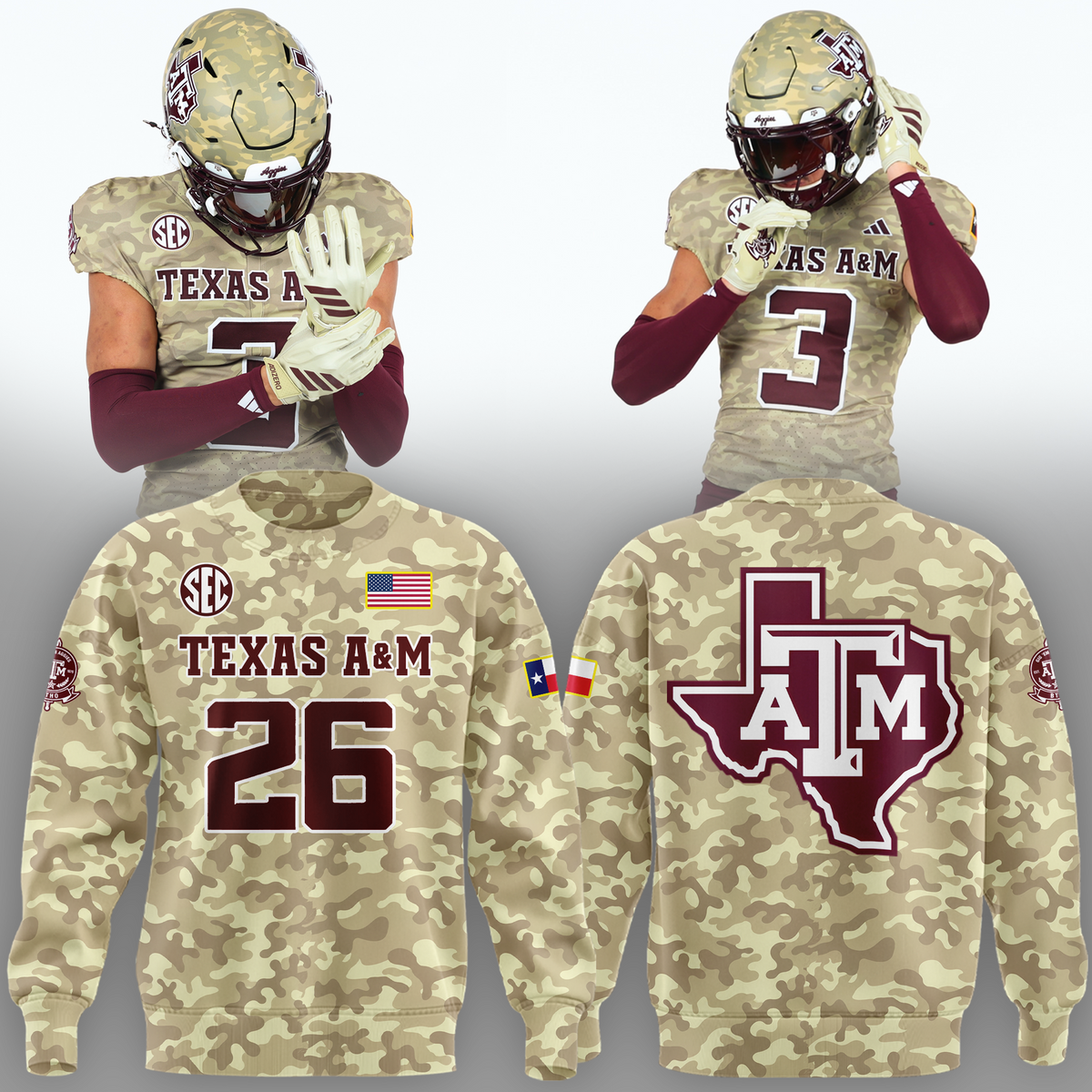 Limited Edition Sweatshirt Camo Texas A&M Football 2026.