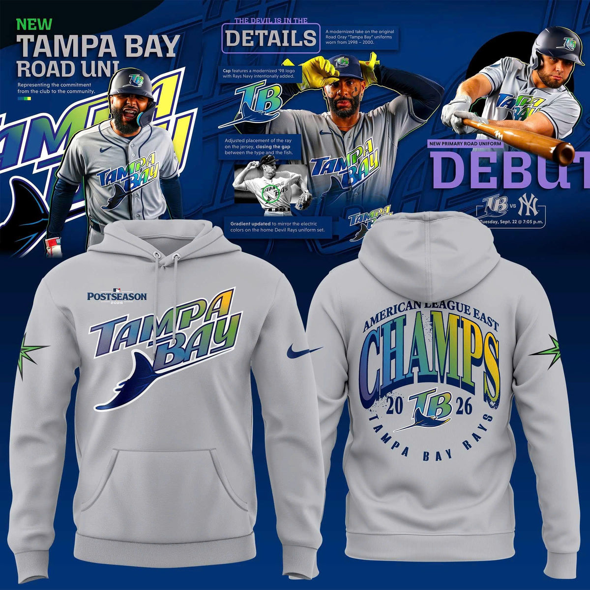 Unisex Gray Tampa Bay Rays 2026 MLB AL East Division Champions Road Hoodie