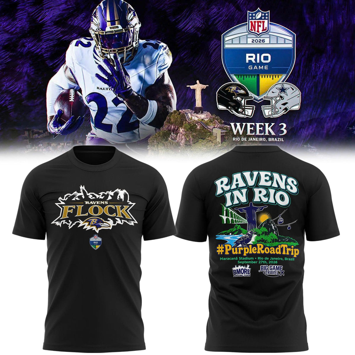 Unisex Black Baltimore Ravens 2026 NFL Rio De Janeiro Game T-shirt