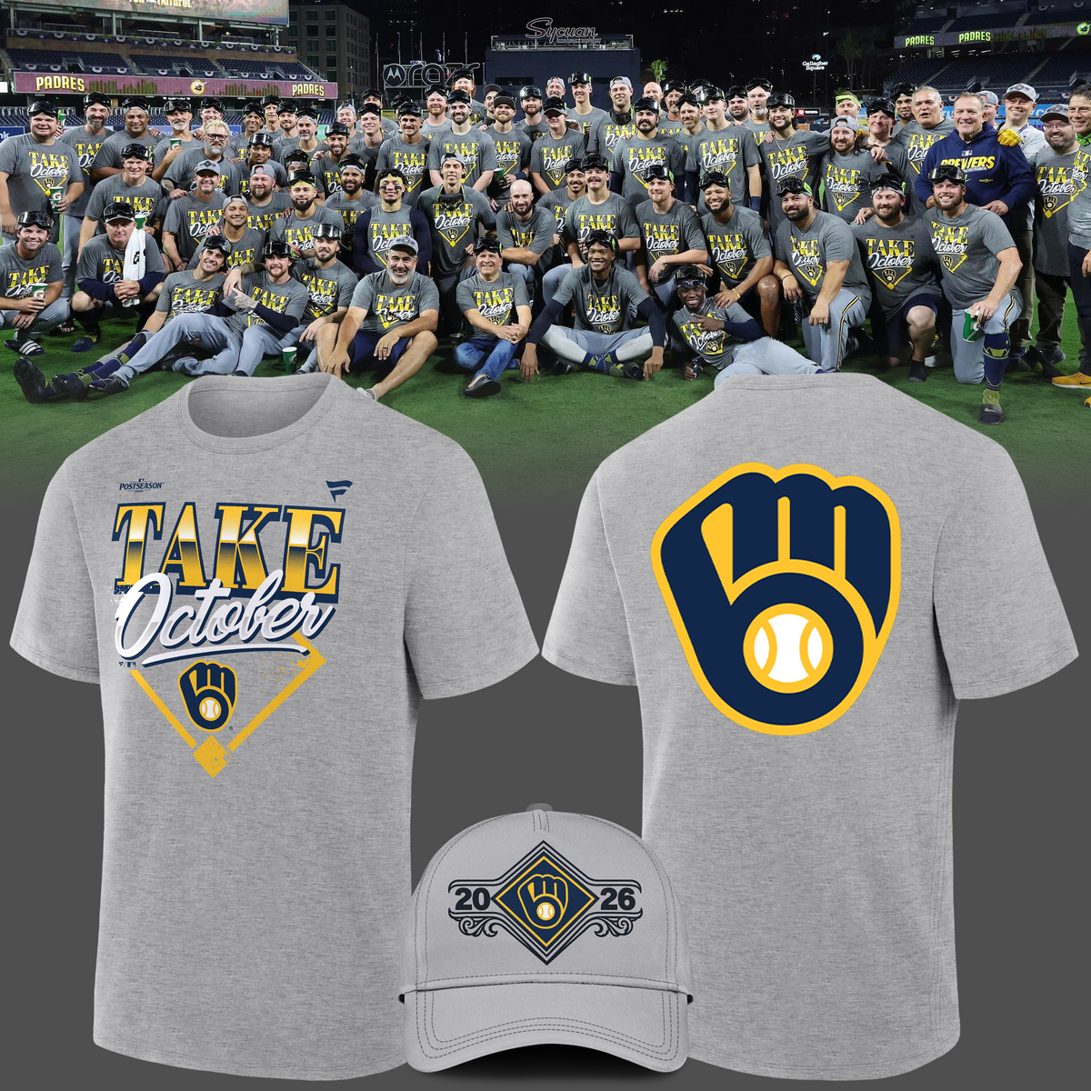 2.Milwaukee Brewers Gray 2026 MLB Division Series Champions Distressed Locker Room Take October T-Shirt
