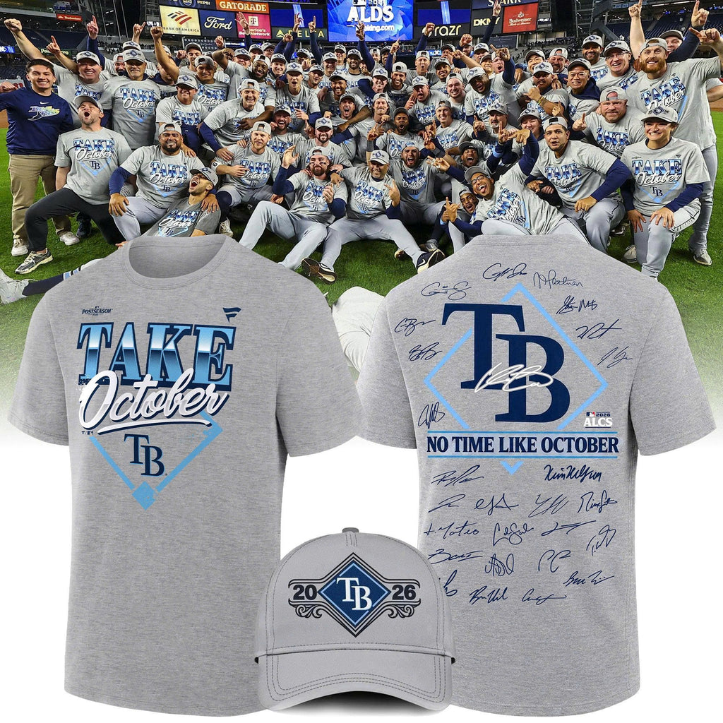 Exclusive Tampa Bay Rays Gray 2026 MLB Division Series Champions Distressed Locker Room Take October T-Shirt Team Signatures Print
