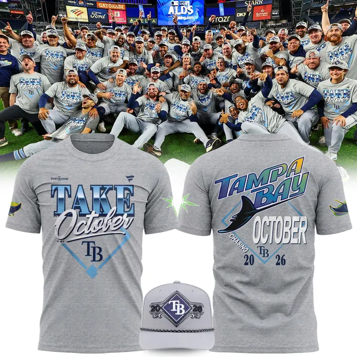 02.04. (Adult & Kids) Tampa Bay Rays Branded 2026 Postseason Take October Locker Room T-Shirt - Heather Gray