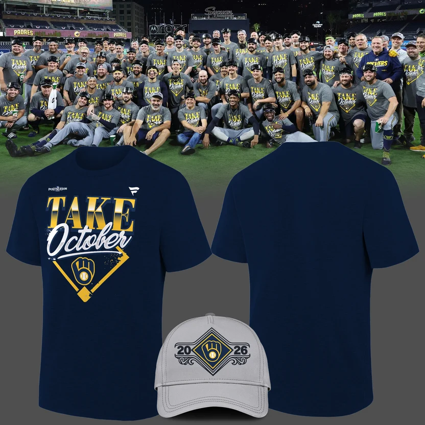 01.40. Milwaukee Brewers NAVY 2026 MLB Division Series Champions Take October T-Shirt