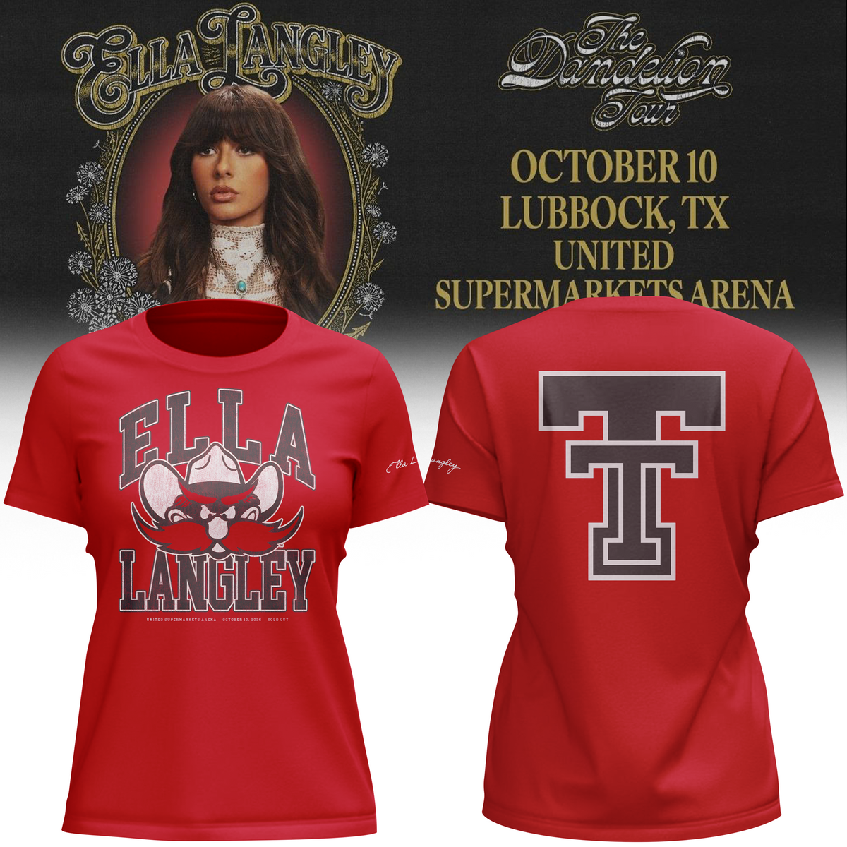 01.(Women)Texas Tech Red Raiders x Ella Langley-The Dandelion Tour 2026 T-shirt
