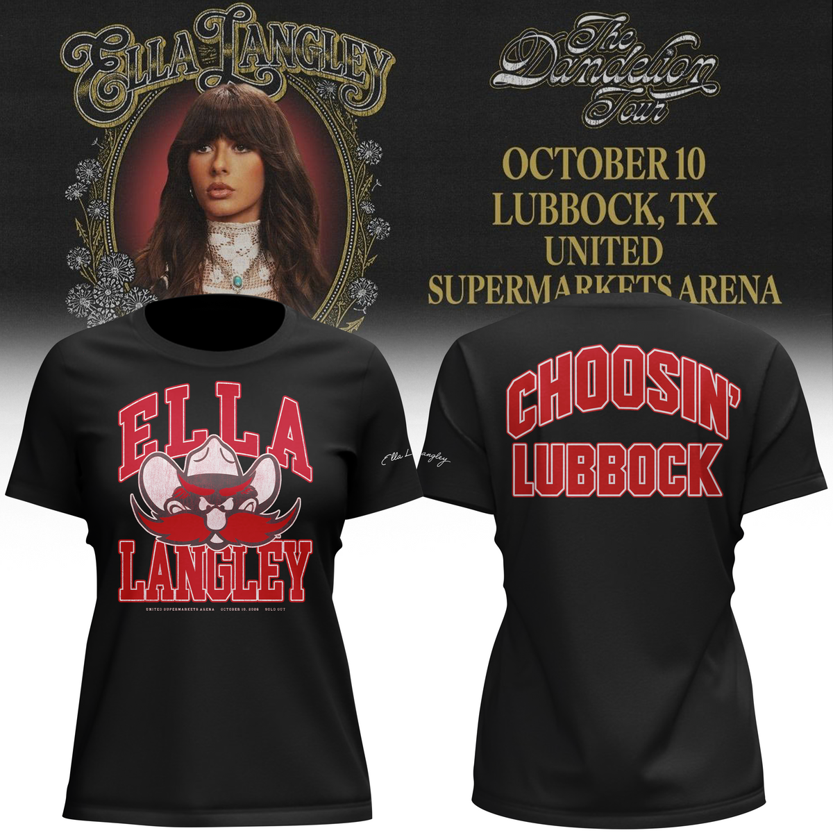 02.(Women)Texas Tech Red Raiders x Ella Langley-The Dandelion Tour 2026 T-shirt