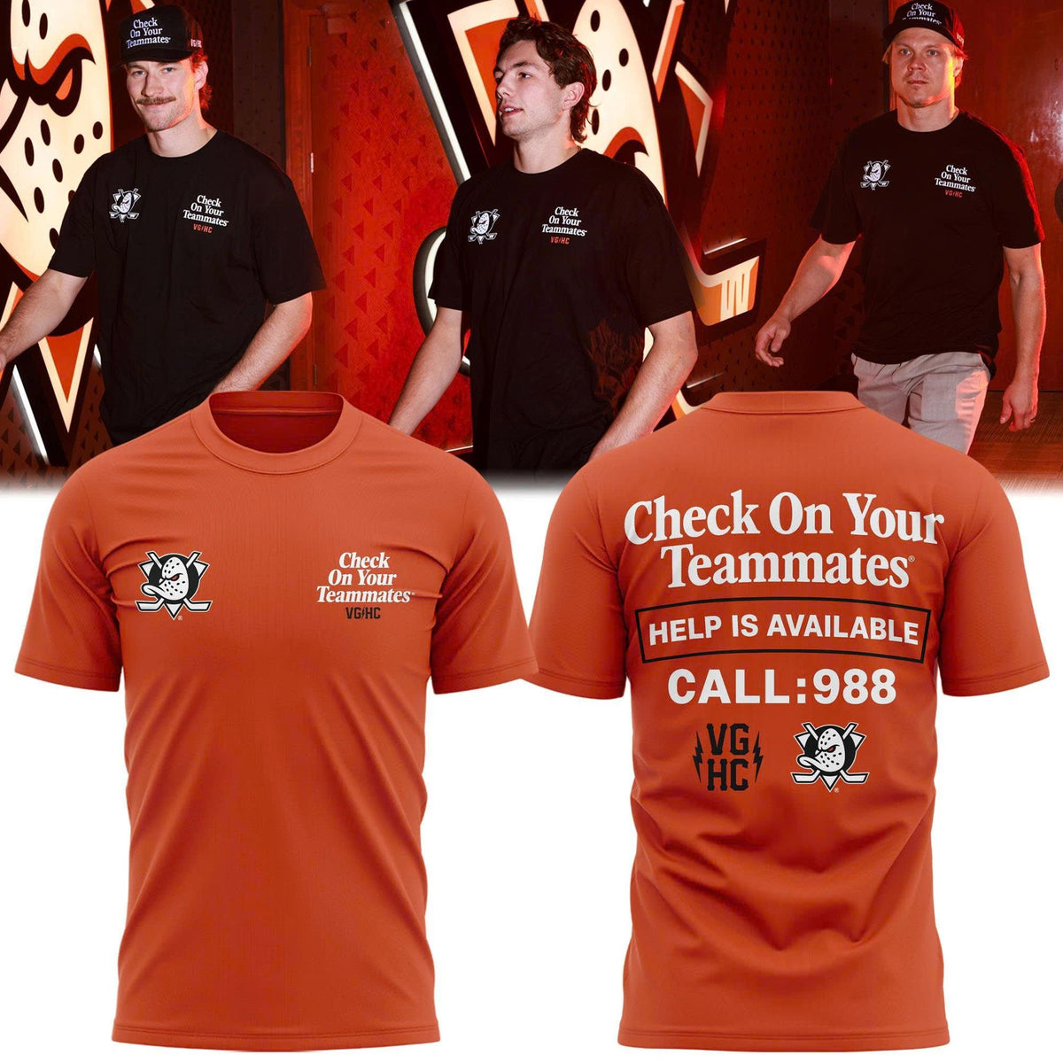 Unisex Orange Anaheim Ducks "Check On Your Teammates" T-shirt