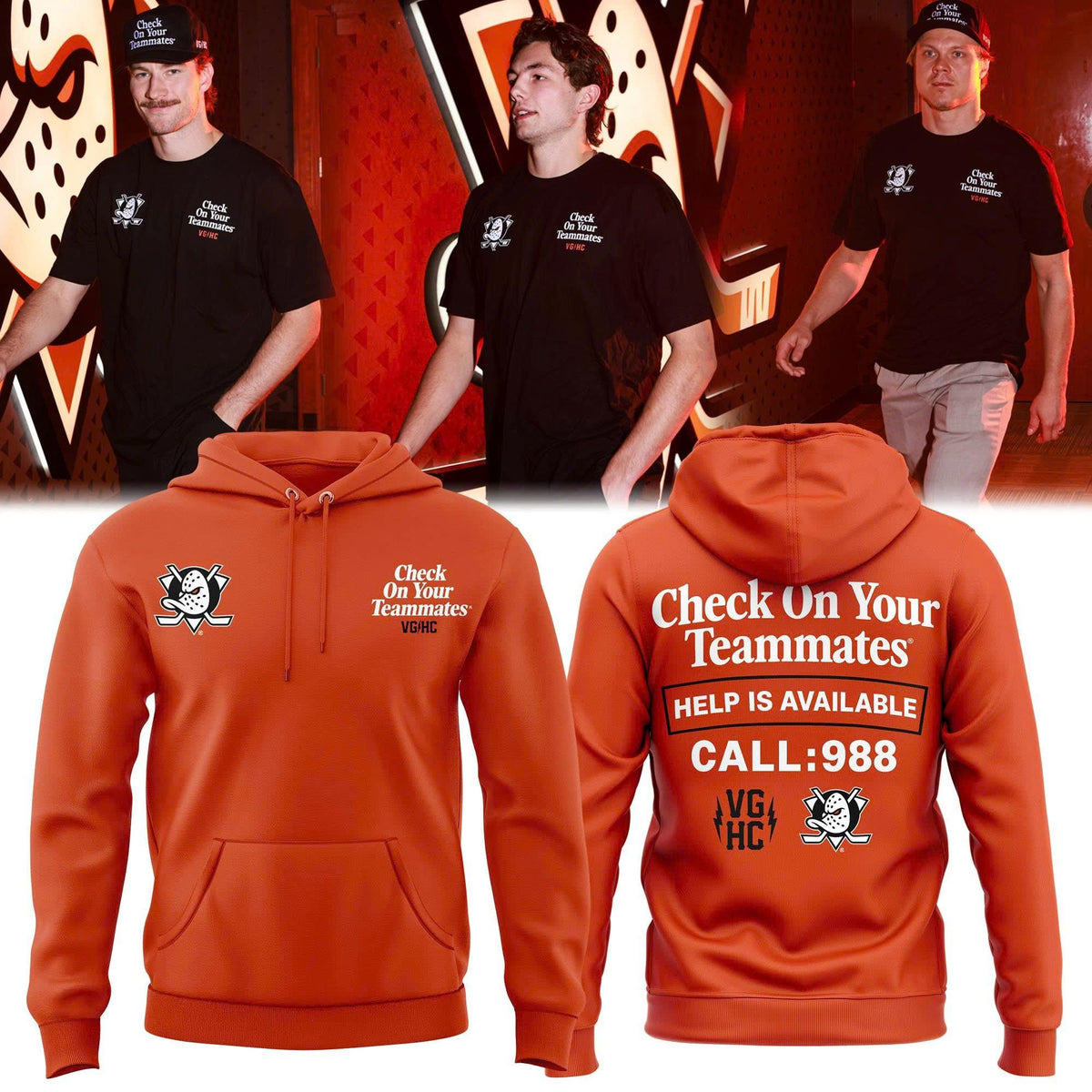 Unisex Orange Anaheim Ducks "Check On Your Teammates" Hoodie