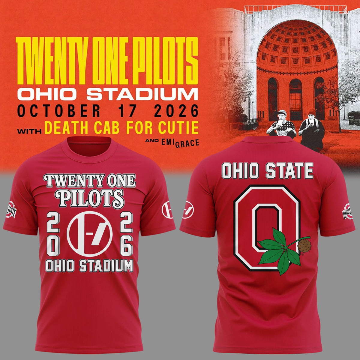 01.08. Twenty One Pilots x Ohio State Buckeyes Football - Ohio Stadium October 17 2026 Red T-Shirt