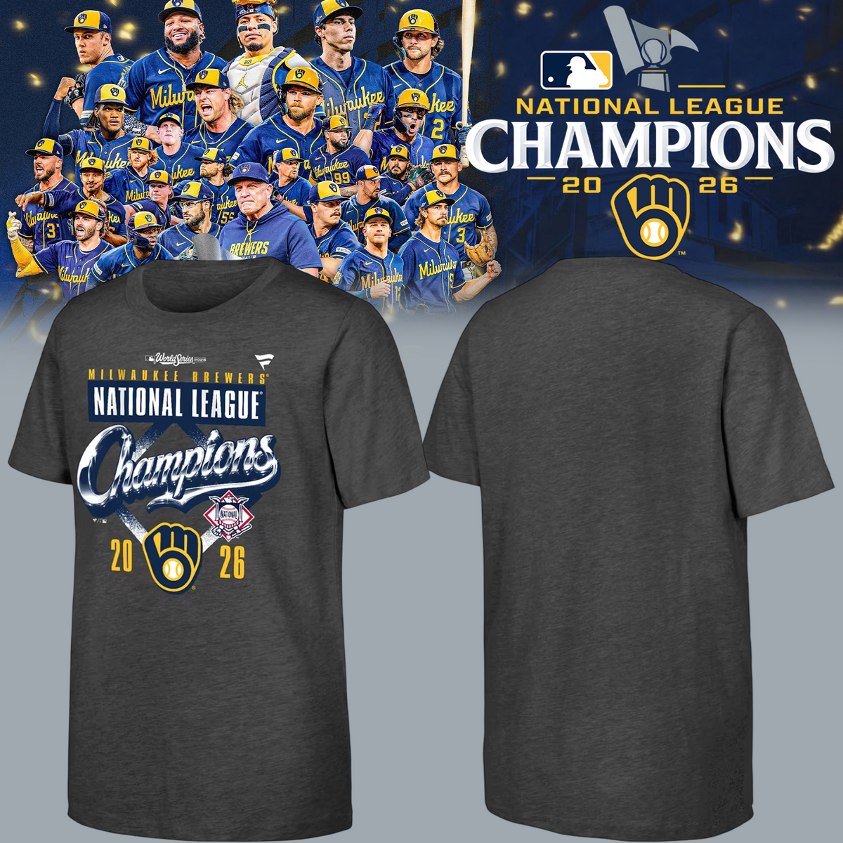 01.Milwaukee Brewers 2026 National League Champions T-Shirt - Heather Charcoal