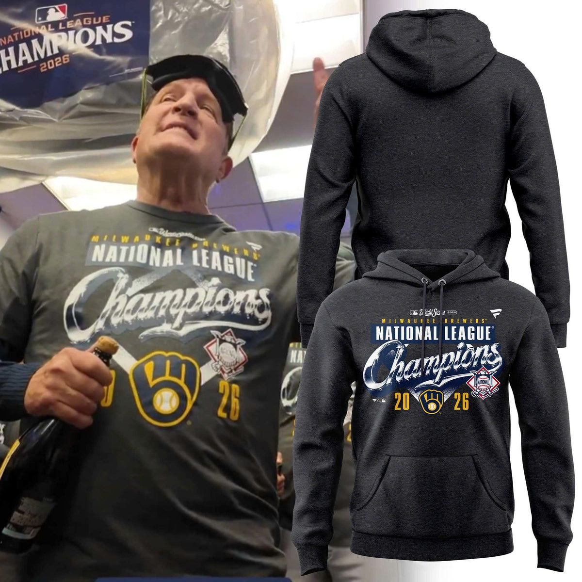 Men's Milwaukee Brewers Heather Charcoal 2026 National League Champions Locker Room Hoodie