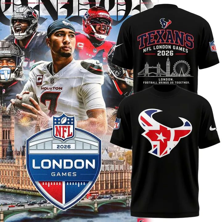 Houston Texans NFL London 2026 Black Graphic Tee Shirt with Team Logo