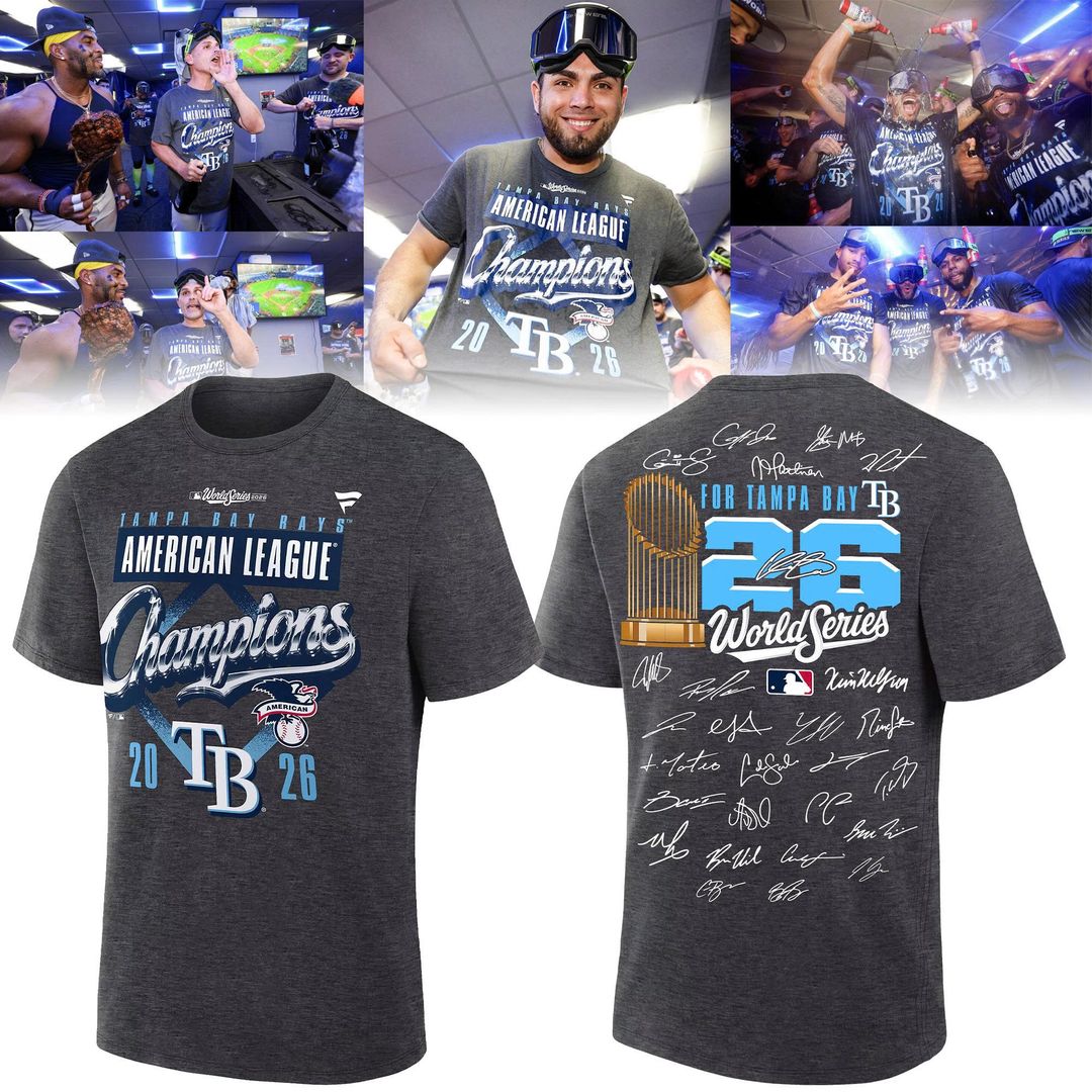 2026 Exclusive Tampa Bay Rays Fanatics Heather Charcoal American League Champions Locker Room T-Shirt Team Signatures Print