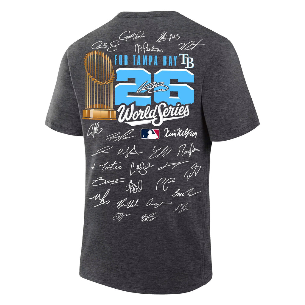 2026 Exclusive Tampa Bay Rays Fanatics Heather Charcoal American League Champions Locker Room T-Shirt Team Signatures Print