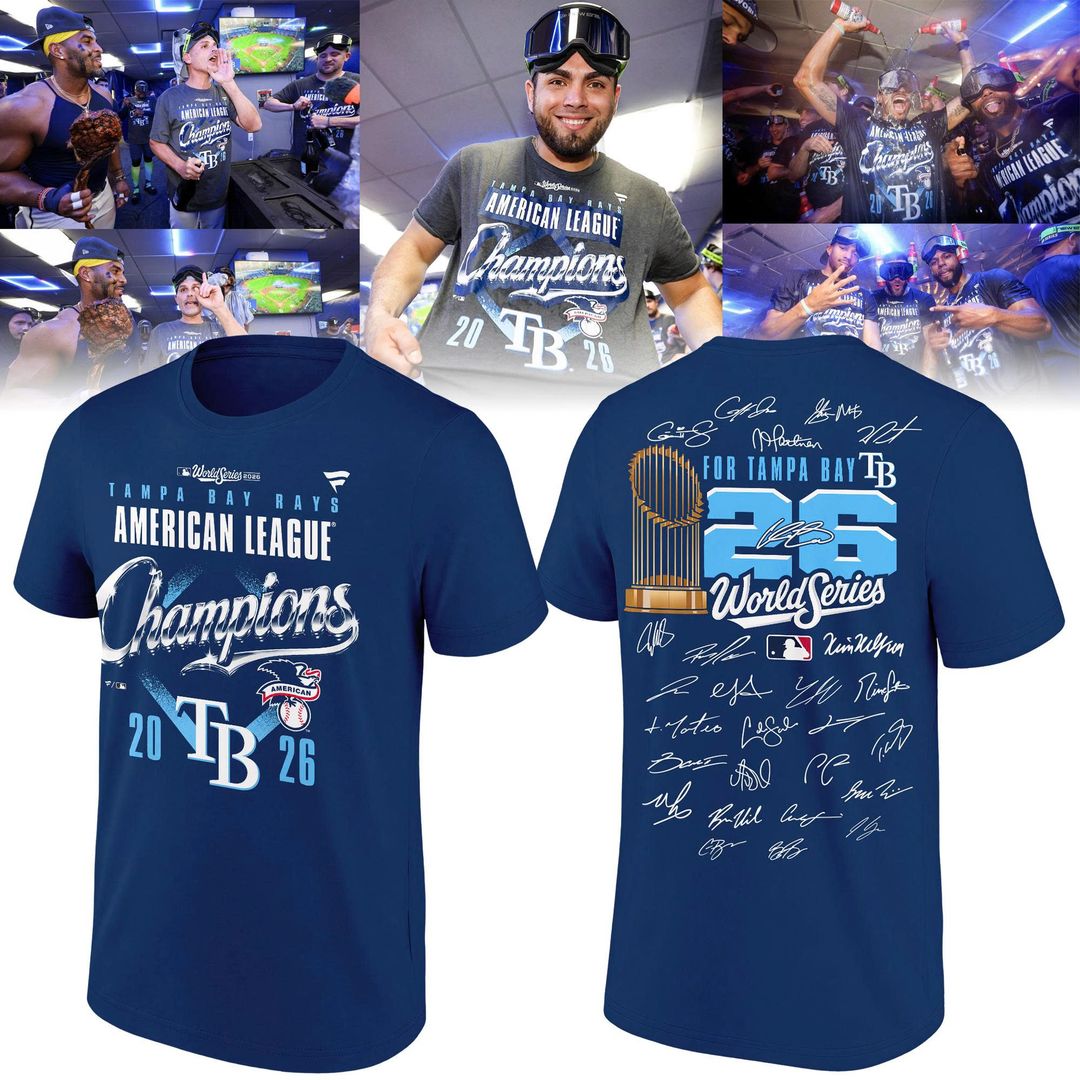 2026 Exclusive Tampa Bay Rays Fanatics Heather Charcoal American League Champions Locker Room T-Shirt Team Signatures Print.