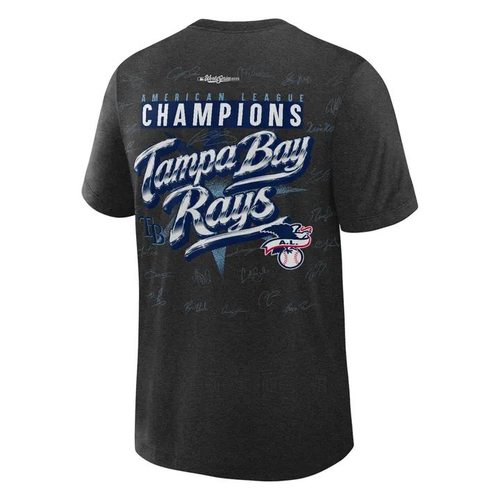 2026 Exclusive Tampa Bay Rays Fanatics Heather Charcoal American League Champions Locker Room T-Shirt Team Signatures Print.