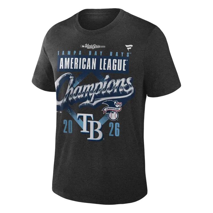 2026 Exclusive Tampa Bay Rays Fanatics Heather Charcoal American League Champions Locker Room T-Shirt Team Signatures Print.