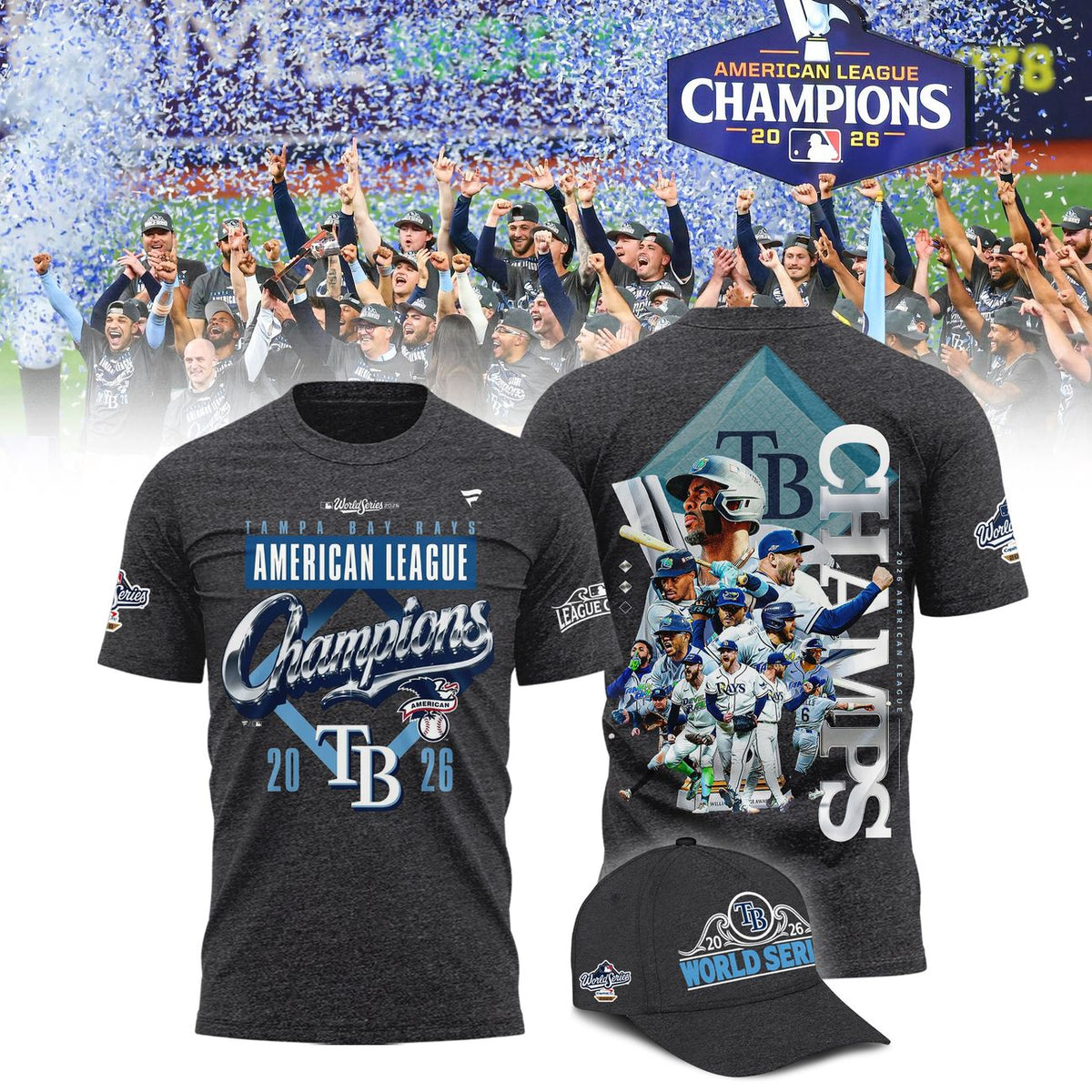 2026 Limited edition Tampa Bay Rays Fanatics Heather Charcoal American League Champions Locker Room T-Shirt (Copy)
