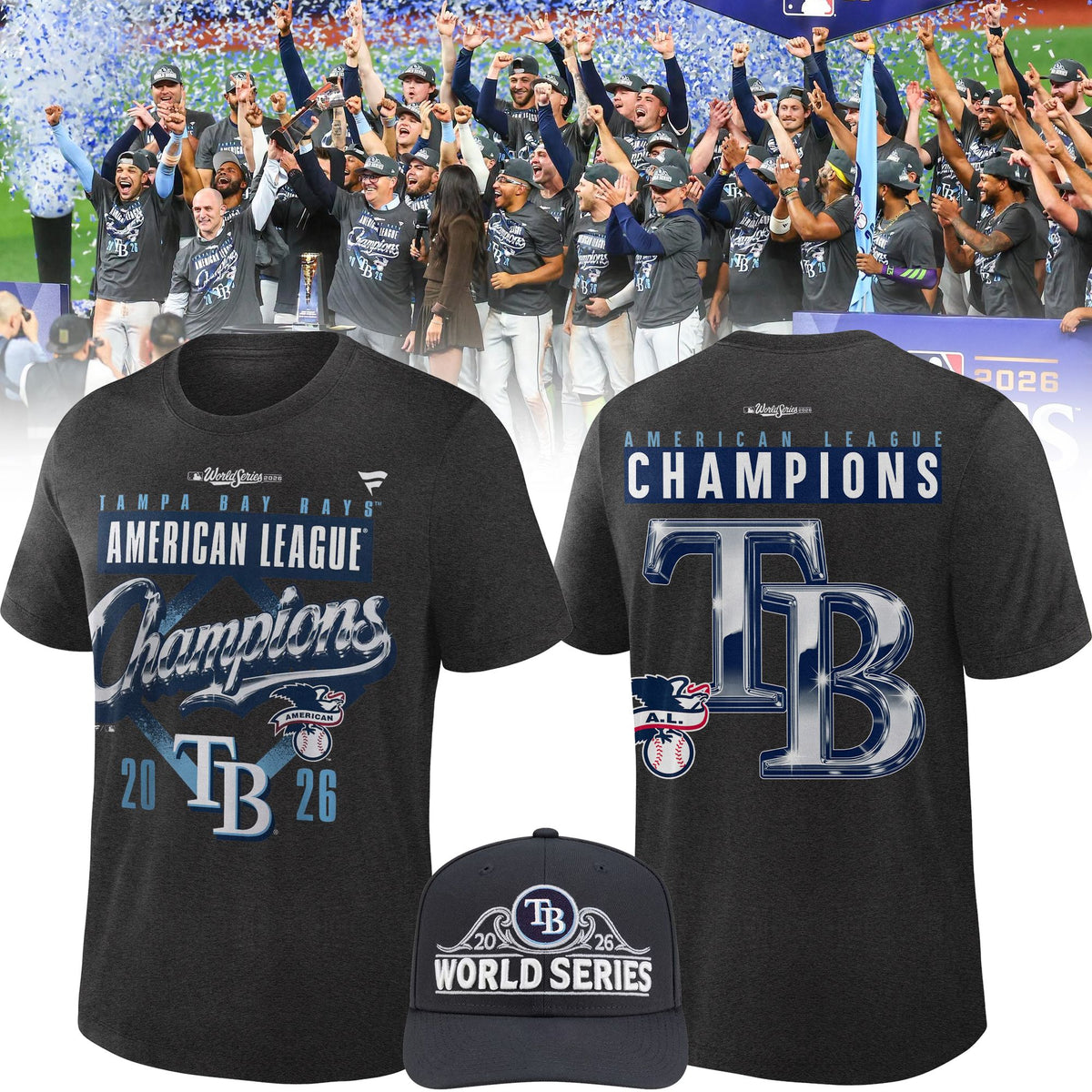 3.Tampa Bay Rays 2026 American League Champions Locker Room Tee - Heather Charcoal