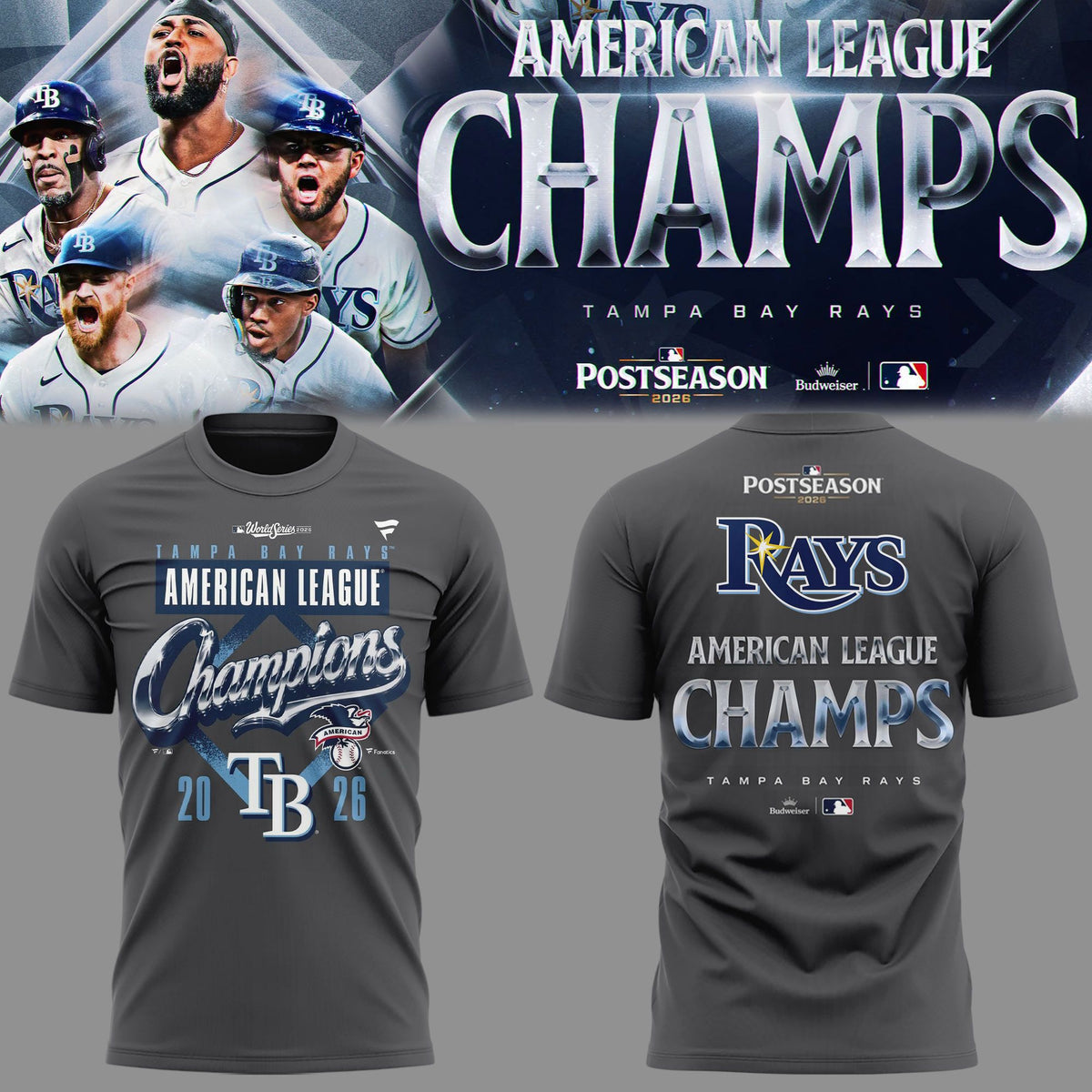 01. Tampa Bay Rays 2026 American League Champions Locker Room T-Shirt - Heather Charcoal