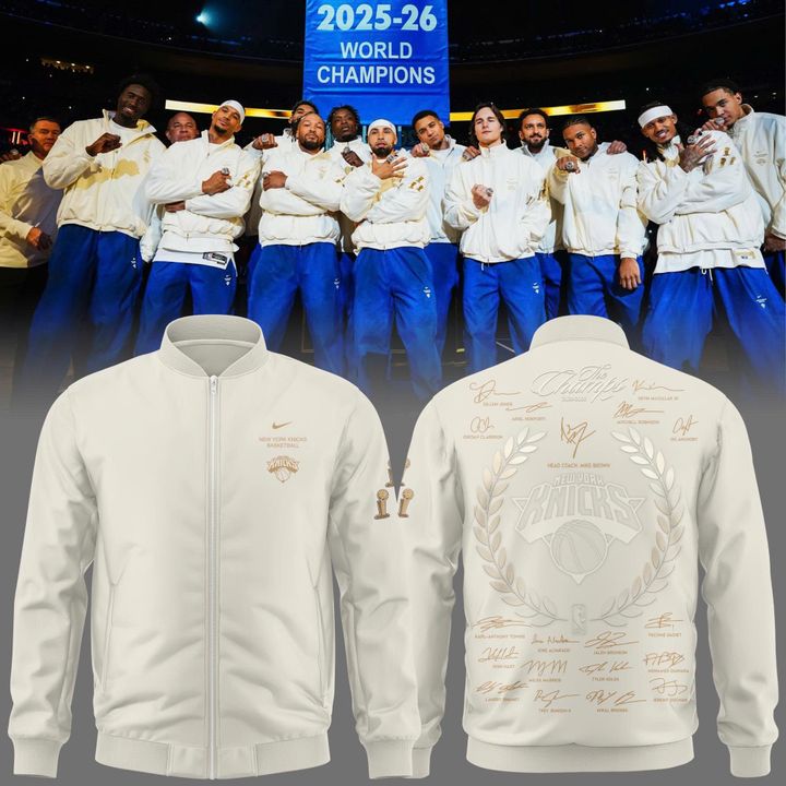 Exclusive New York Knicks 2026 Finals Champions Standard Issue Full-Zip Jacket Team Signatures Print - Cream