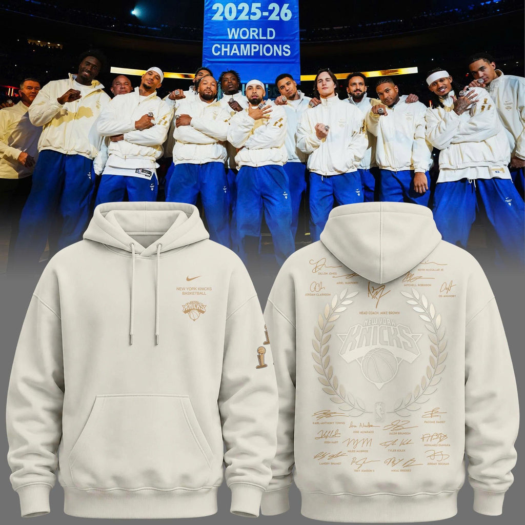 Limited edition New York Knicks 2026 NBA Finals Champions Standard Issue Full-Hoodie Team Signatures Print - Cream