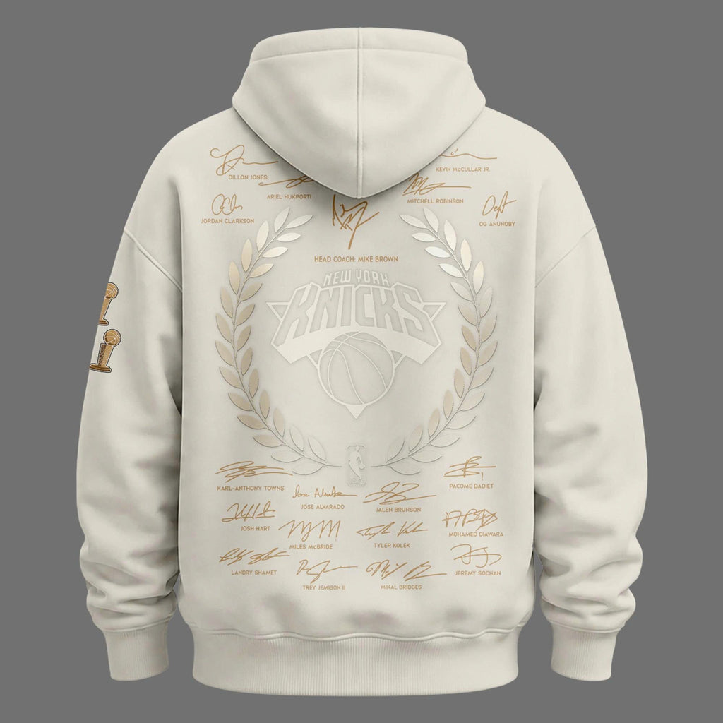 Limited edition New York Knicks 2026 NBA Finals Champions Standard Issue Full-Hoodie Team Signatures Print - Cream