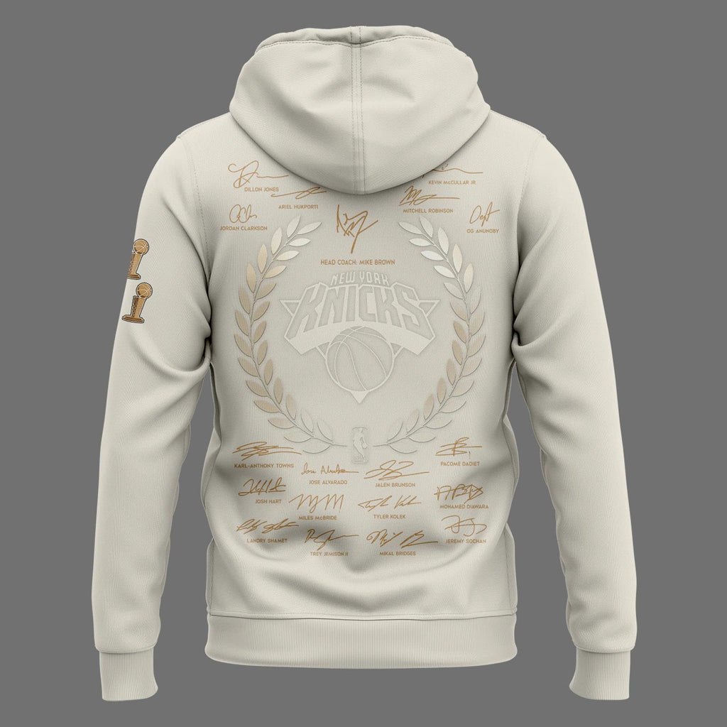 Exclusive New York Knicks 2026 NBA Finals Champions Standard Issue Full-Zip Hoodie Team Signatures Print - Cream