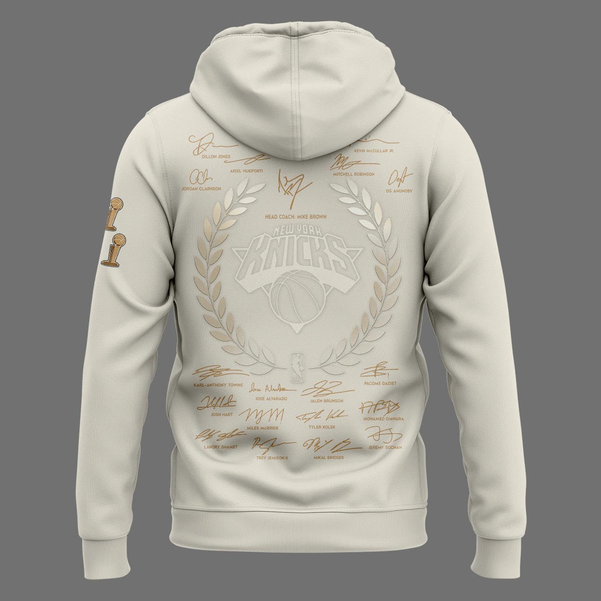 Exclusive New York Knicks 2026 NBA Finals Champions Standard Issue Full-Zip Hoodie Team Signatures Print - Cream