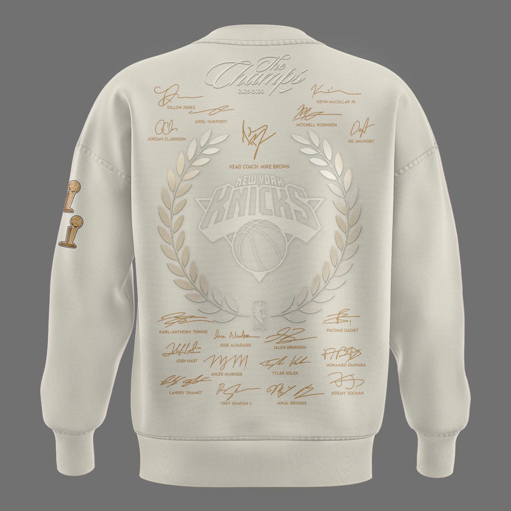 Limited edition New York Knicks 2026 NBA Finals Champions Standard Issue Full-Sweatshirt Team Signatures Print - Cream