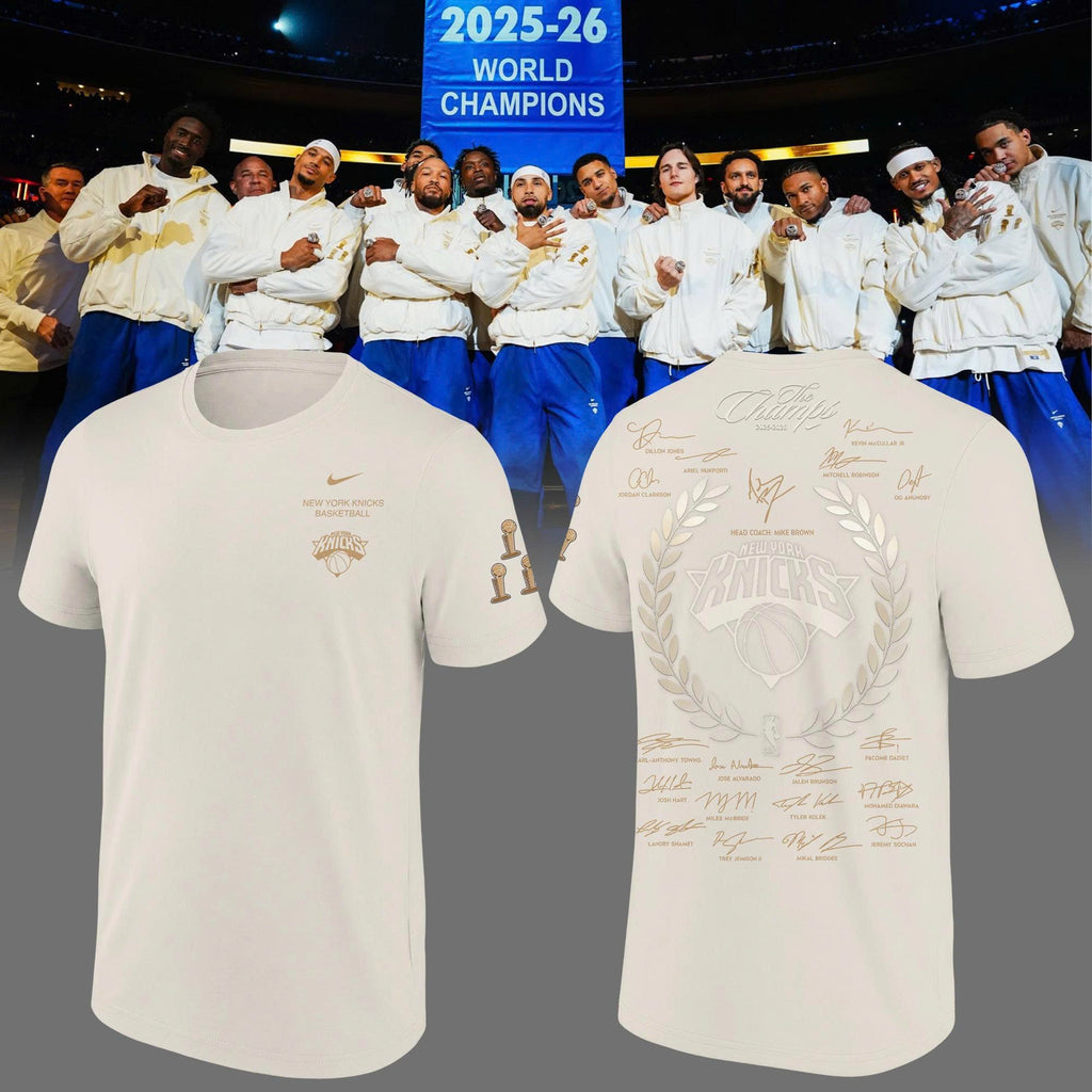 Limited edition New York Knicks 2026 NBA Finals Champions Standard Issue Full-Tee Team Signatures Print - Cream