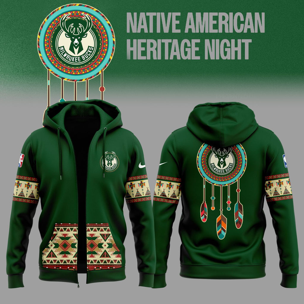 Limited Edition Native American Heritage Night Milwaukee Bucks Zip Hoodie