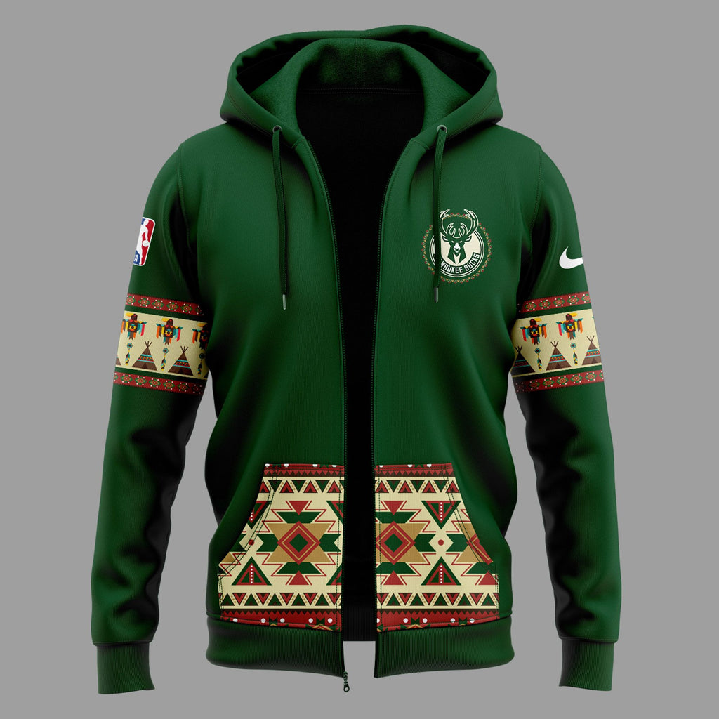 Limited Edition Native American Heritage Night Milwaukee Bucks Zip Hoodie