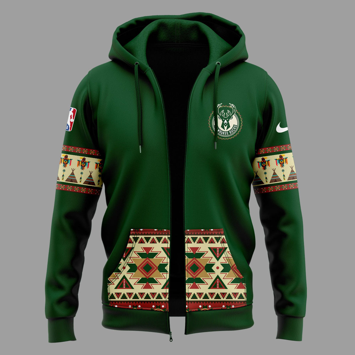 Limited Edition Native American Heritage Night Milwaukee Bucks Zip Hoodie