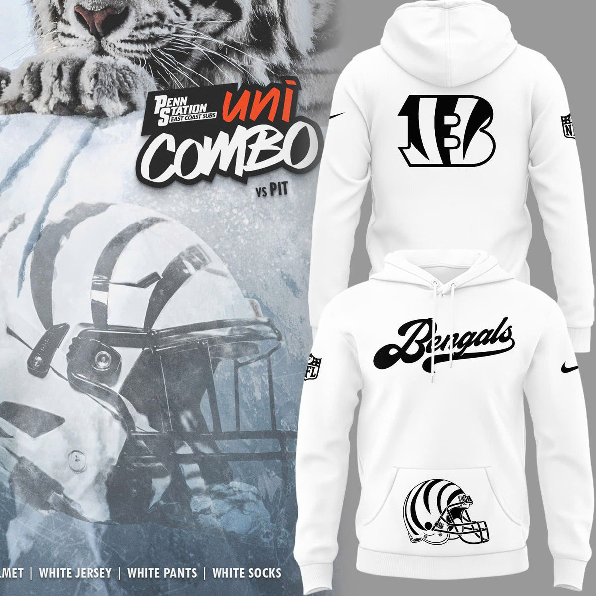 2025 Bengals Wordmark Helmet Logo White Hoodie