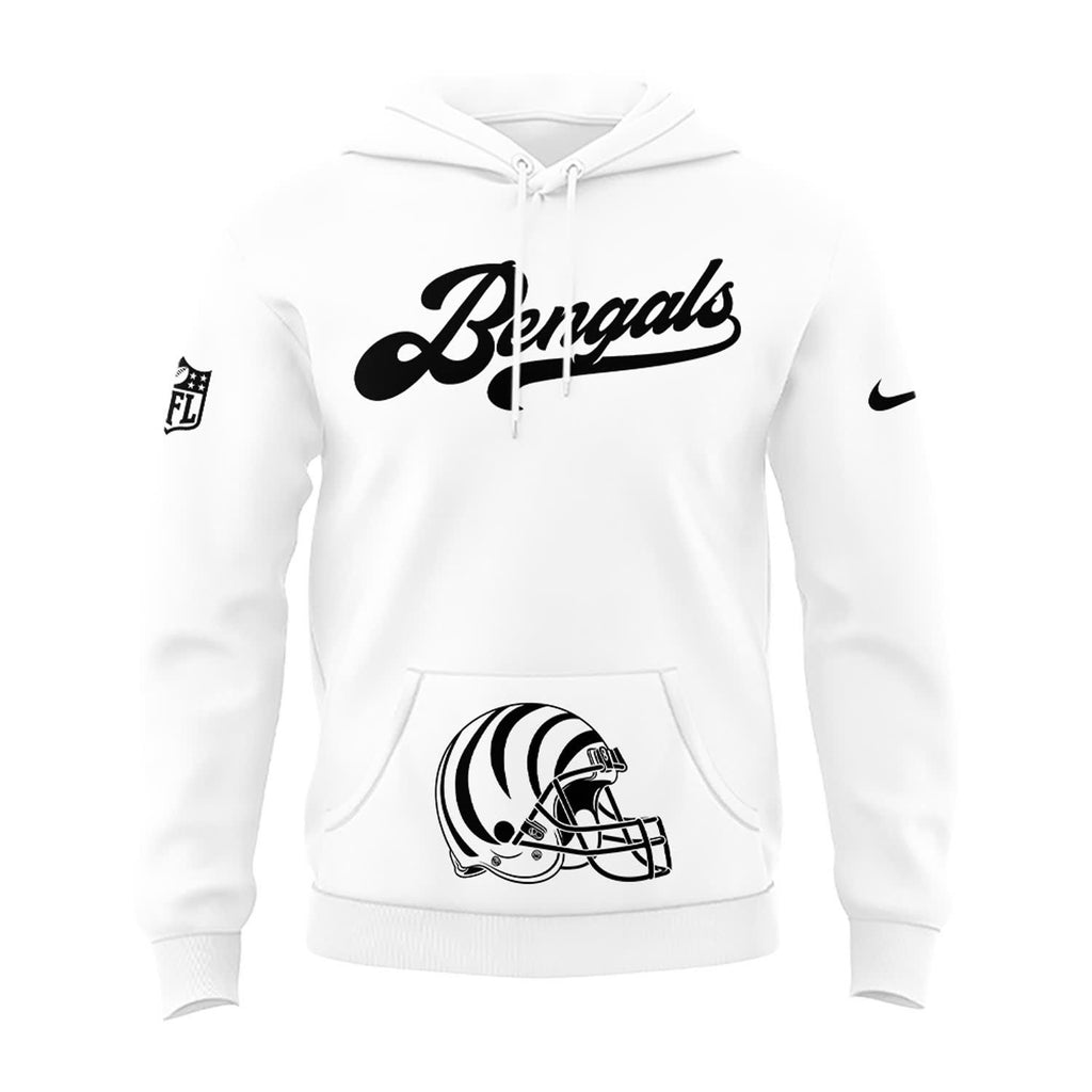2025 Bengals Wordmark Helmet Logo White Hoodie