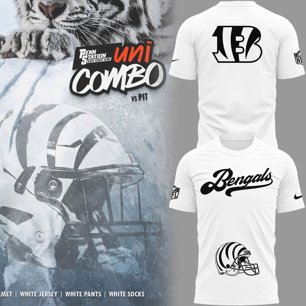 2025 Bengals Wordmark Helmet Logo White T-Shirt