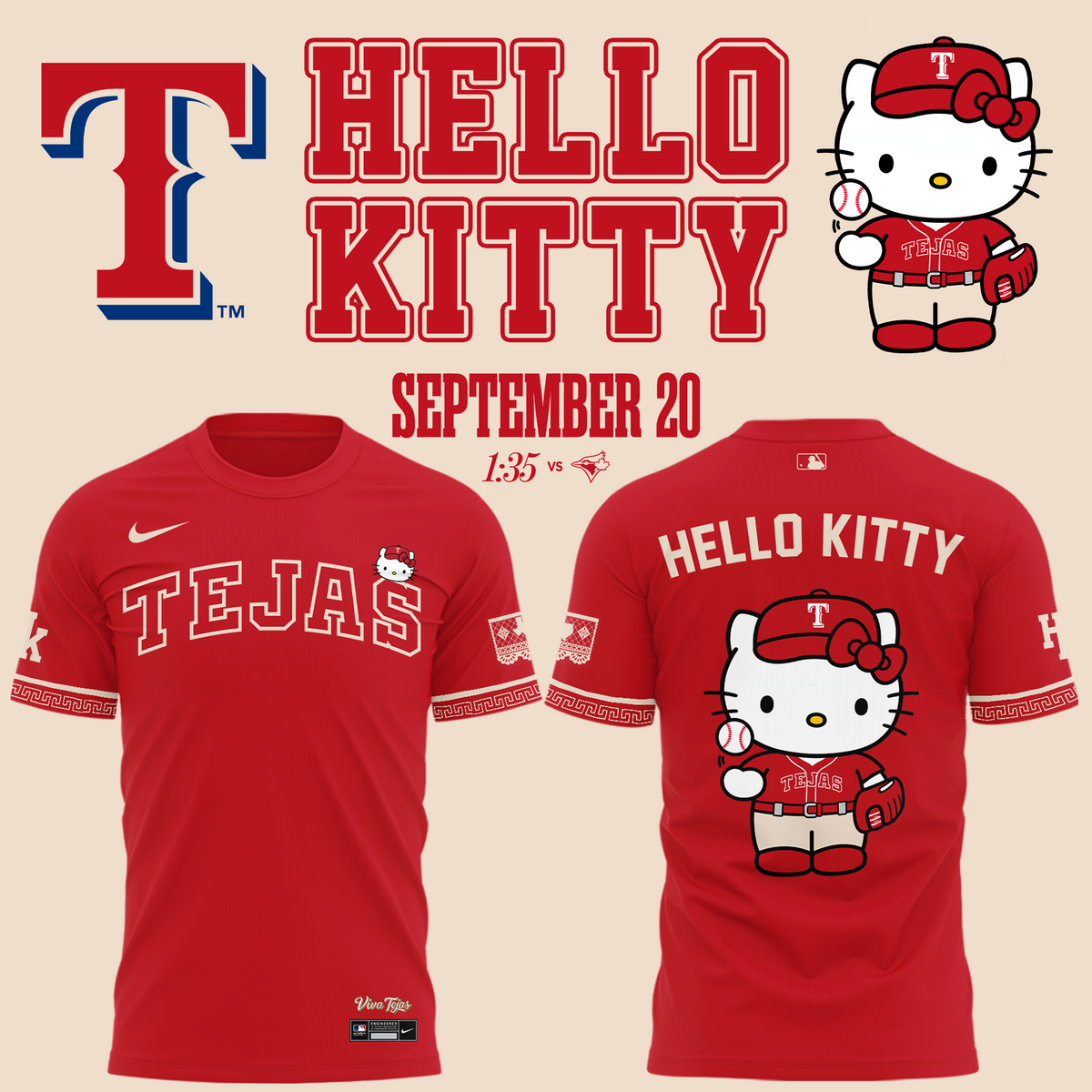 Exclusive Tejas City Connect Texas Rangers x Hello Kitty T-Shirt 2026
